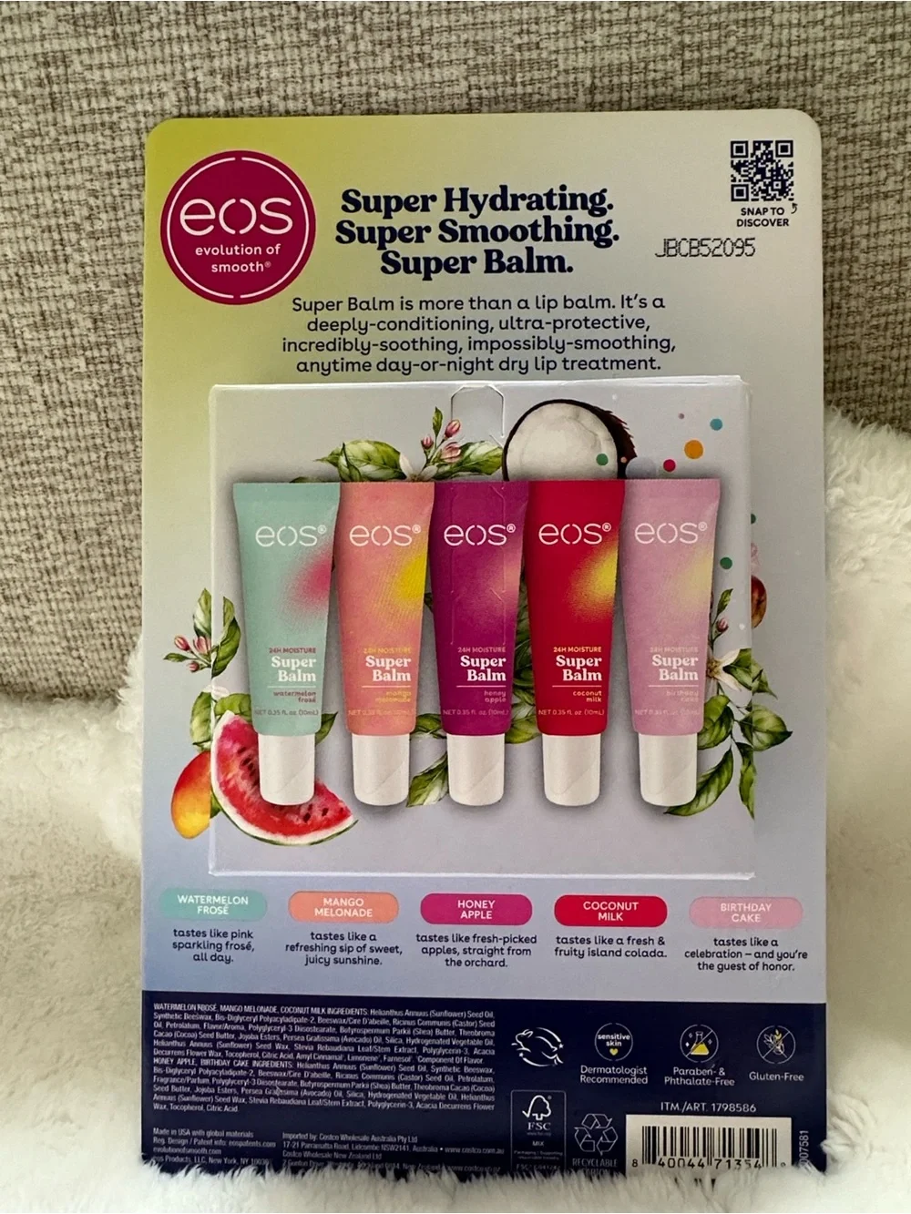 eos Super Balm 5-Pack Lip Tubes - pastel green, peach, yellow, red, light pink